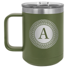 Personalized olive green 15 oz vacuum insulated coffee mug with 'Circle with initial' design
