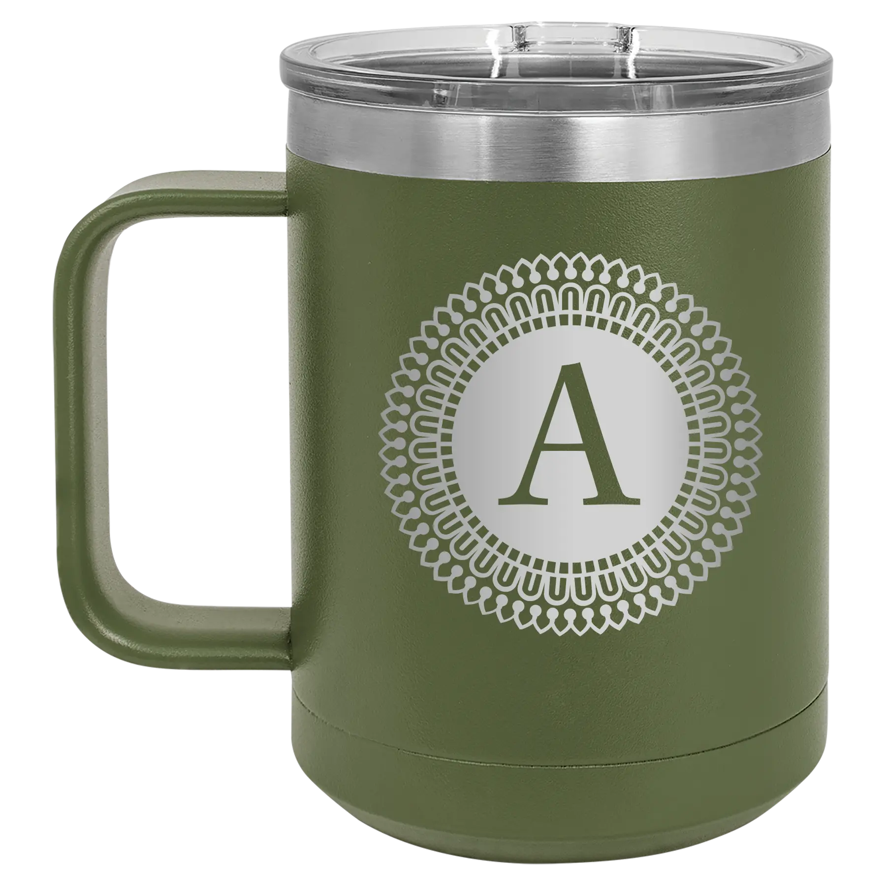 Personalized olive green 15 oz vacuum insulated coffee mug with 'Circle with initial' design