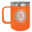 Personalized orange 15 oz vacuum insulated coffee mug with 'Circle with initial' design
