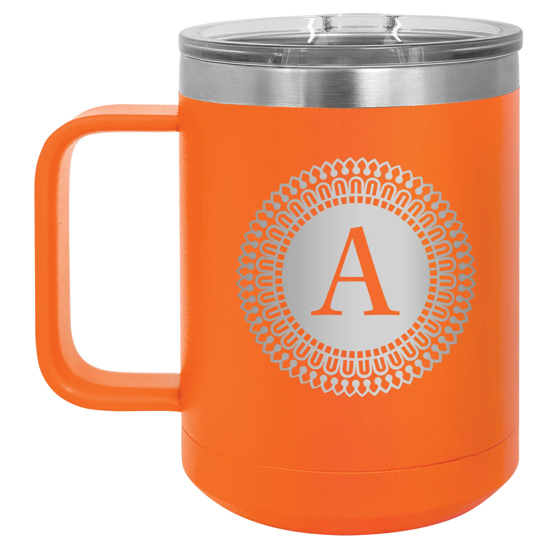 Personalized orange 15 oz vacuum insulated coffee mug with 'Circle with initial' design