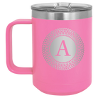 Personalized pink 15 oz vacuum insulated coffee mug with 'Circle with initial' design