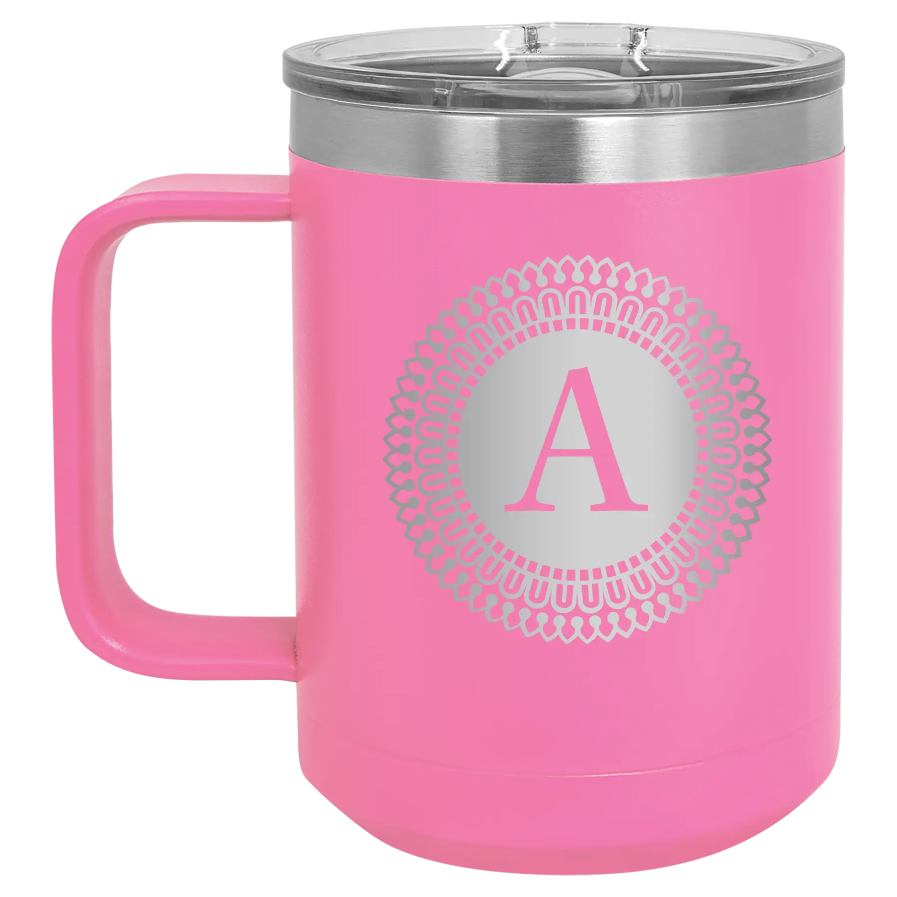 Personalized pink 15 oz vacuum insulated coffee mug with 'Circle with initial' design