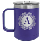 Personalized purple 15 oz vacuum insulated coffee mug with 'Circle with initial' design