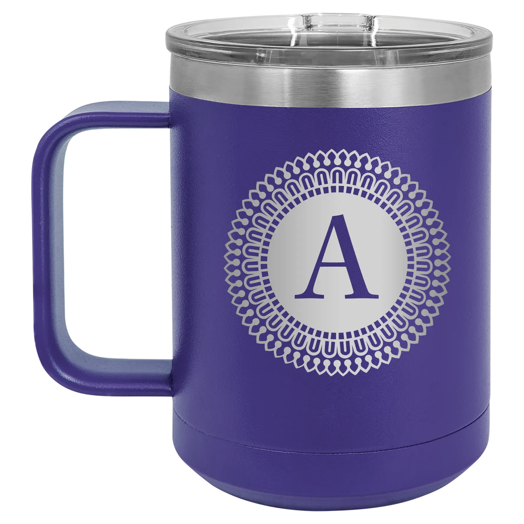 Personalized purple 15 oz vacuum insulated coffee mug with 'Circle with initial' design