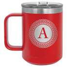 Personalized red 15 oz vacuum insulated coffee mug with 'Circle with initial' design