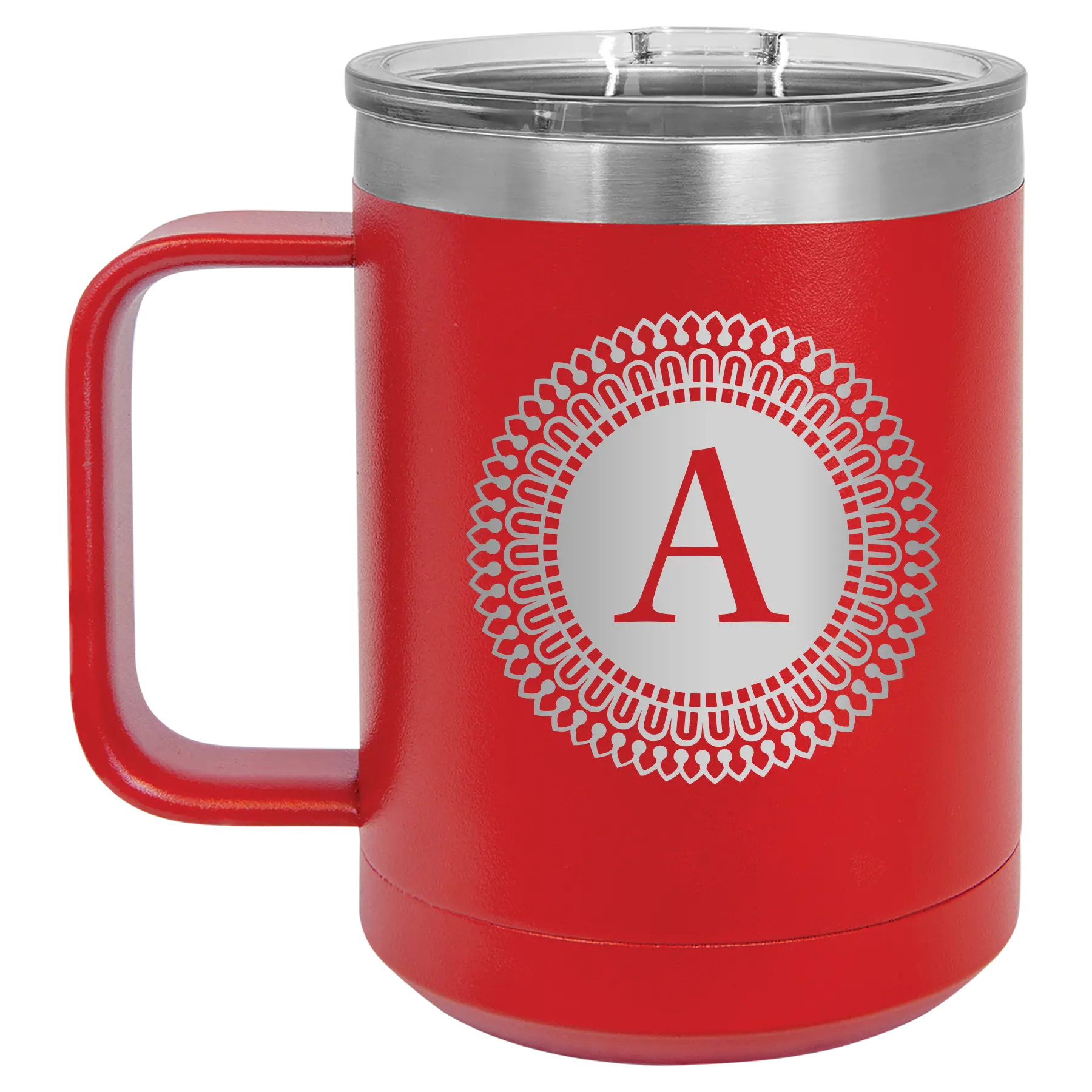 Personalized red 15 oz vacuum insulated coffee mug with 'Circle with initial' design