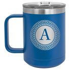 Personalized royal blue 15 oz vacuum insulated coffee mug with 'Circle with initial' design