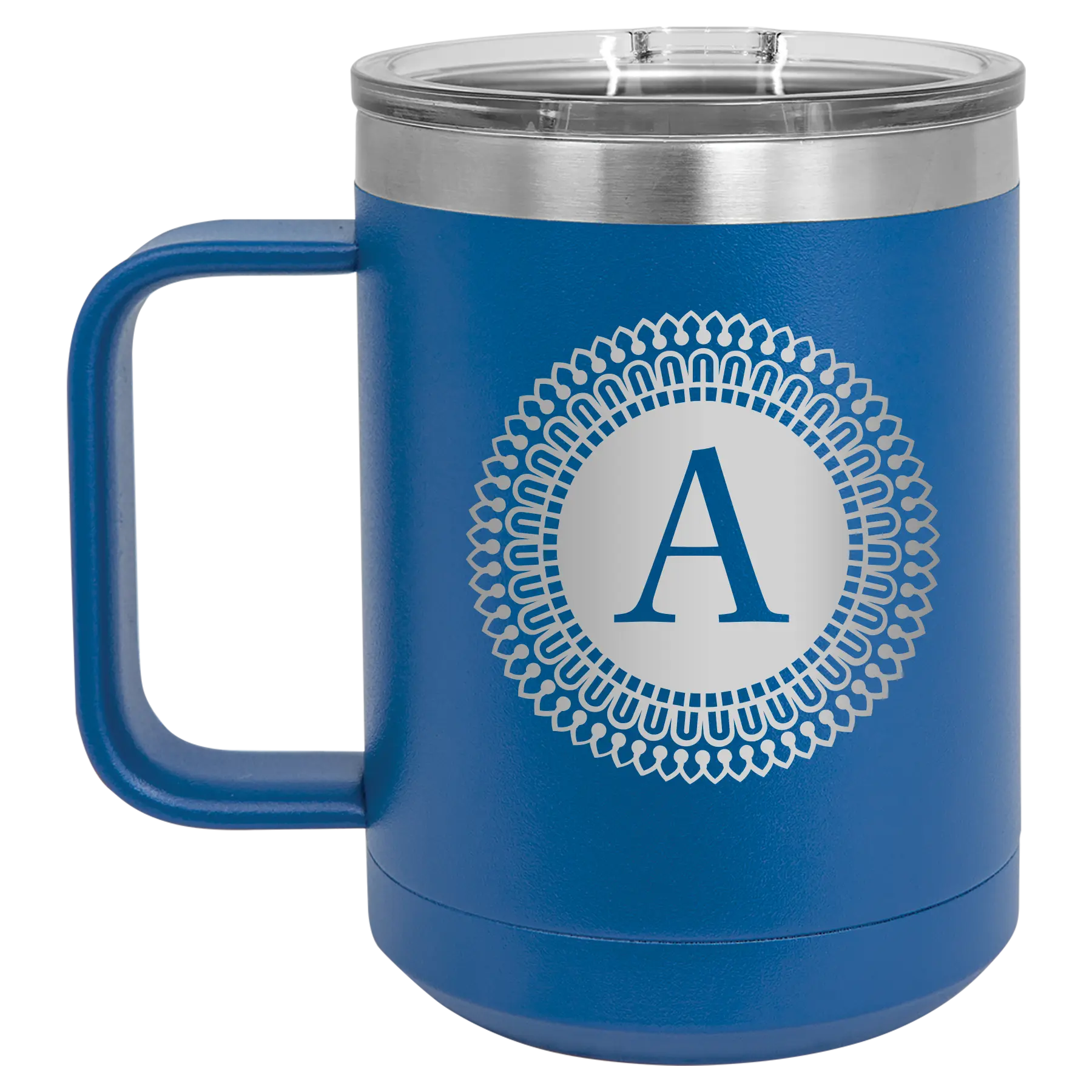 Personalized royal blue 15 oz vacuum insulated coffee mug with 'Circle with initial' design