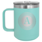 Personalized teal 15 oz vacuum insulated coffee mug with 'Circle with initial' design