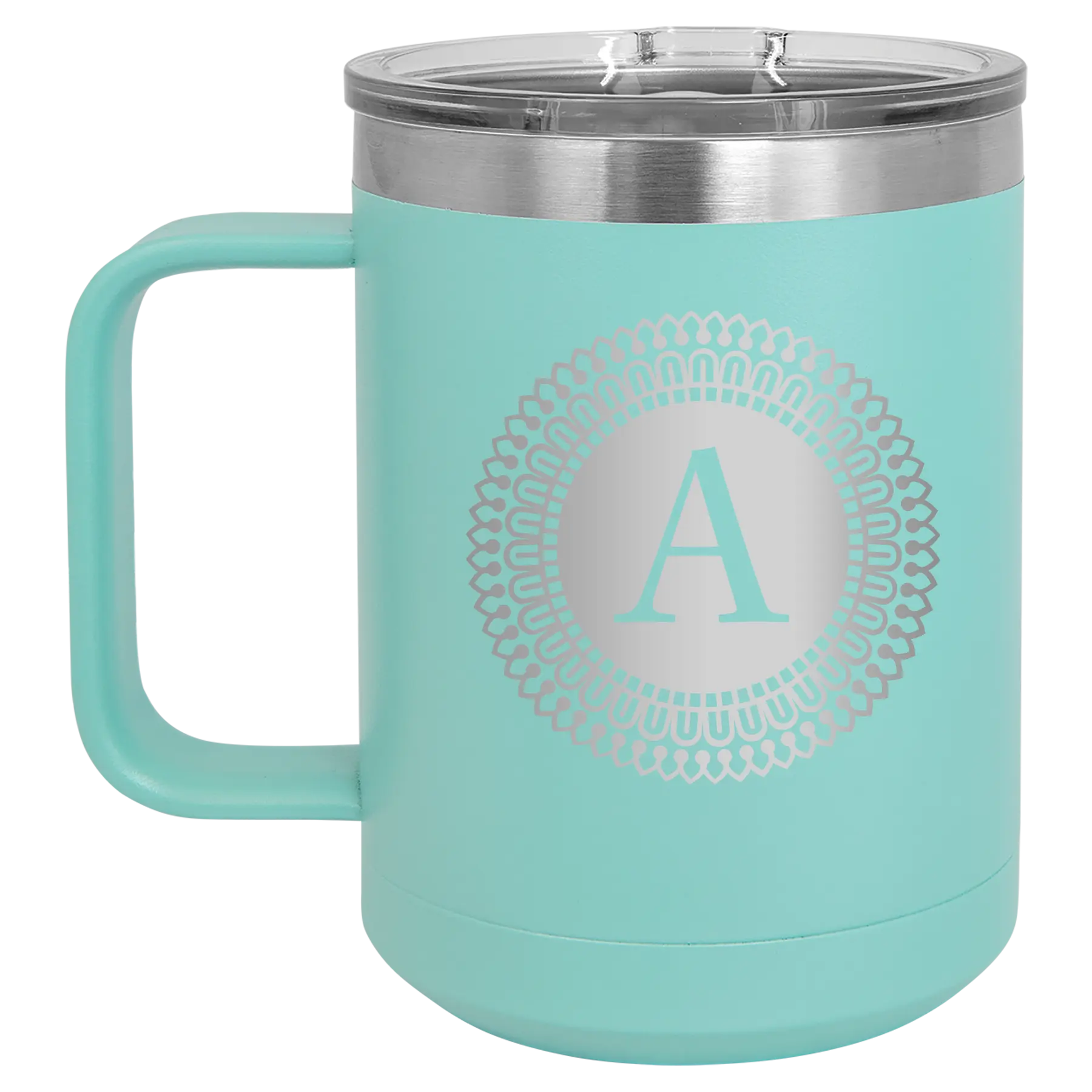 Personalized teal 15 oz vacuum insulated coffee mug with 'Circle with initial' design