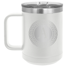 Personalized white 15 oz vacuum insulated coffee mug with 'Circle with initial' design