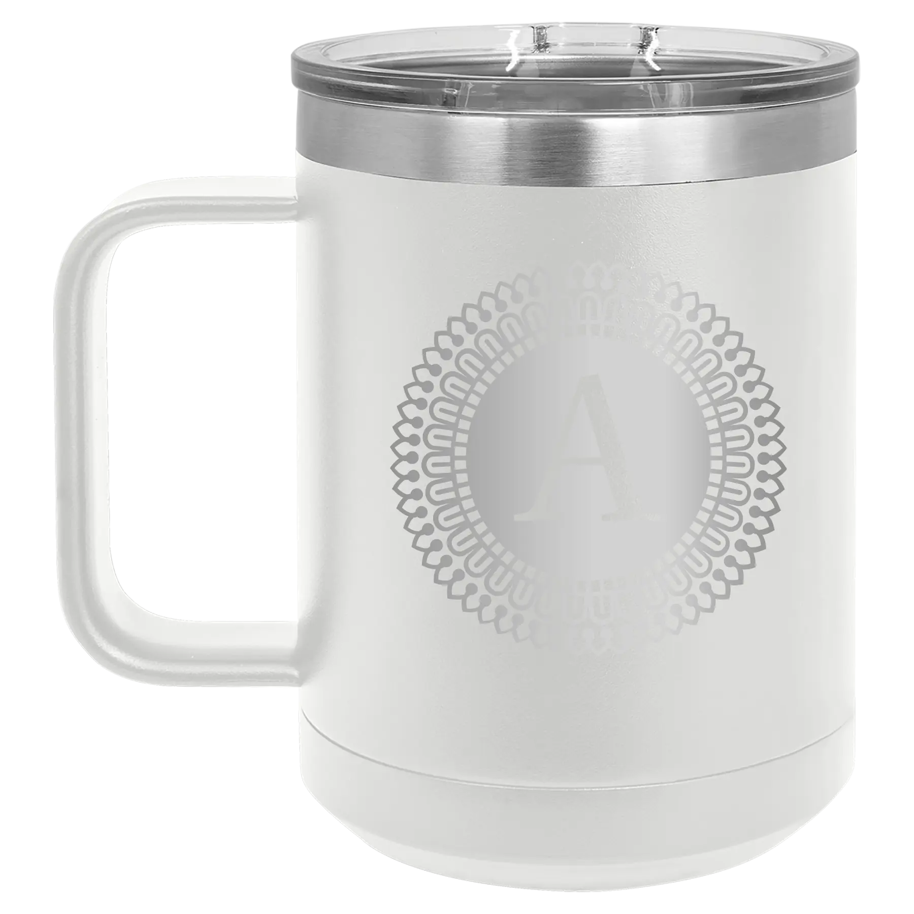 Personalized white 15 oz vacuum insulated coffee mug with 'Circle with initial' design