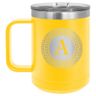 Personalized yellow 15 oz vacuum insulated coffee mug with 'Circle with initial' design