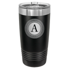 Personalized black 20 oz vacuum insulated tumbler with 'Circle with initial' design