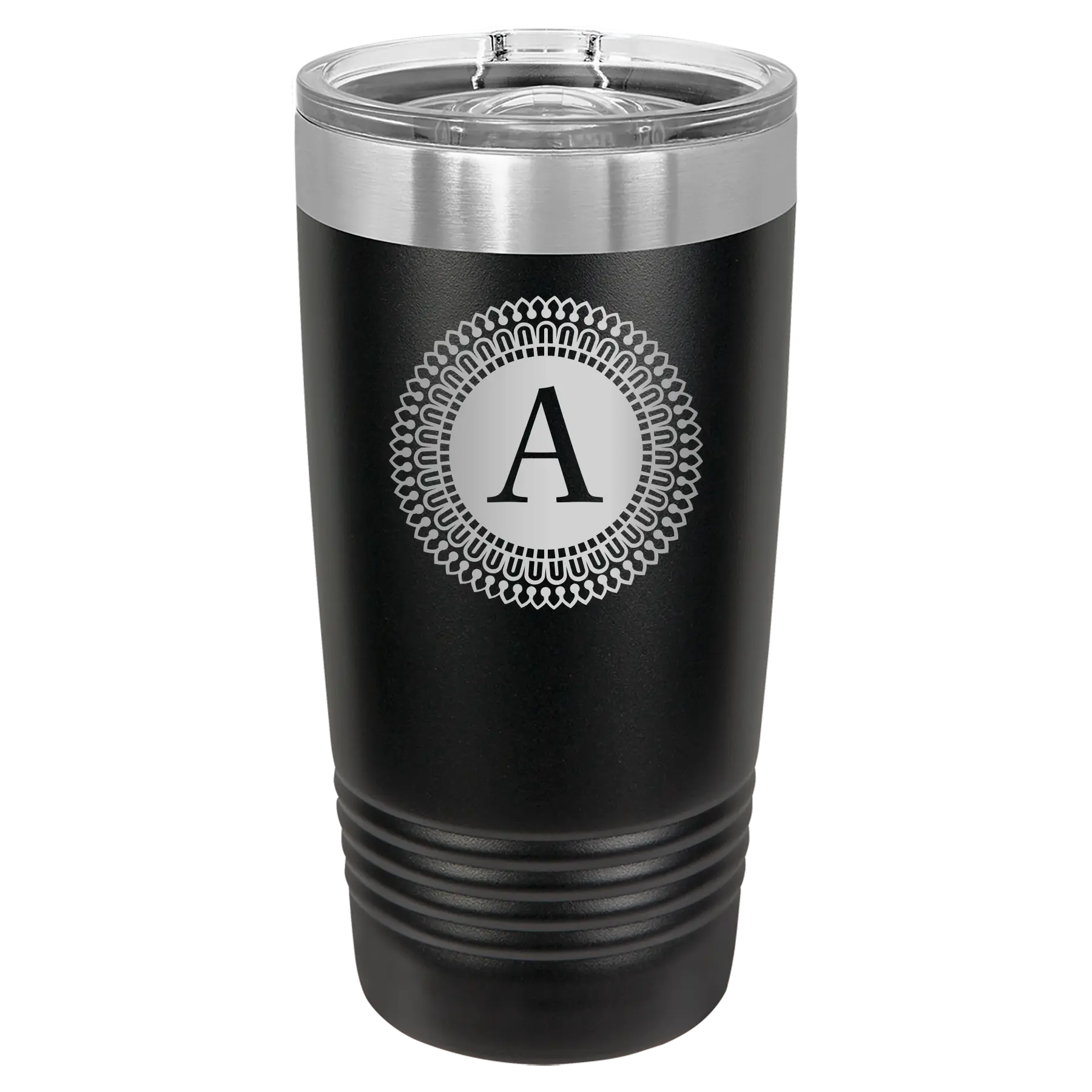 Personalized black 20 oz vacuum insulated tumbler with 'Circle with initial' design