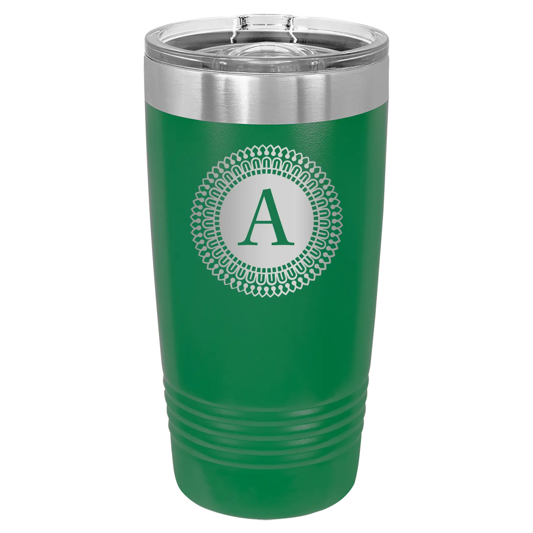 Personalized green 20 oz vacuum insulated tumbler with 'Circle with initial' design