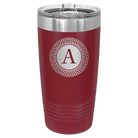 Personalized maroon 20 oz vacuum insulated tumbler with 'Circle with initial' design