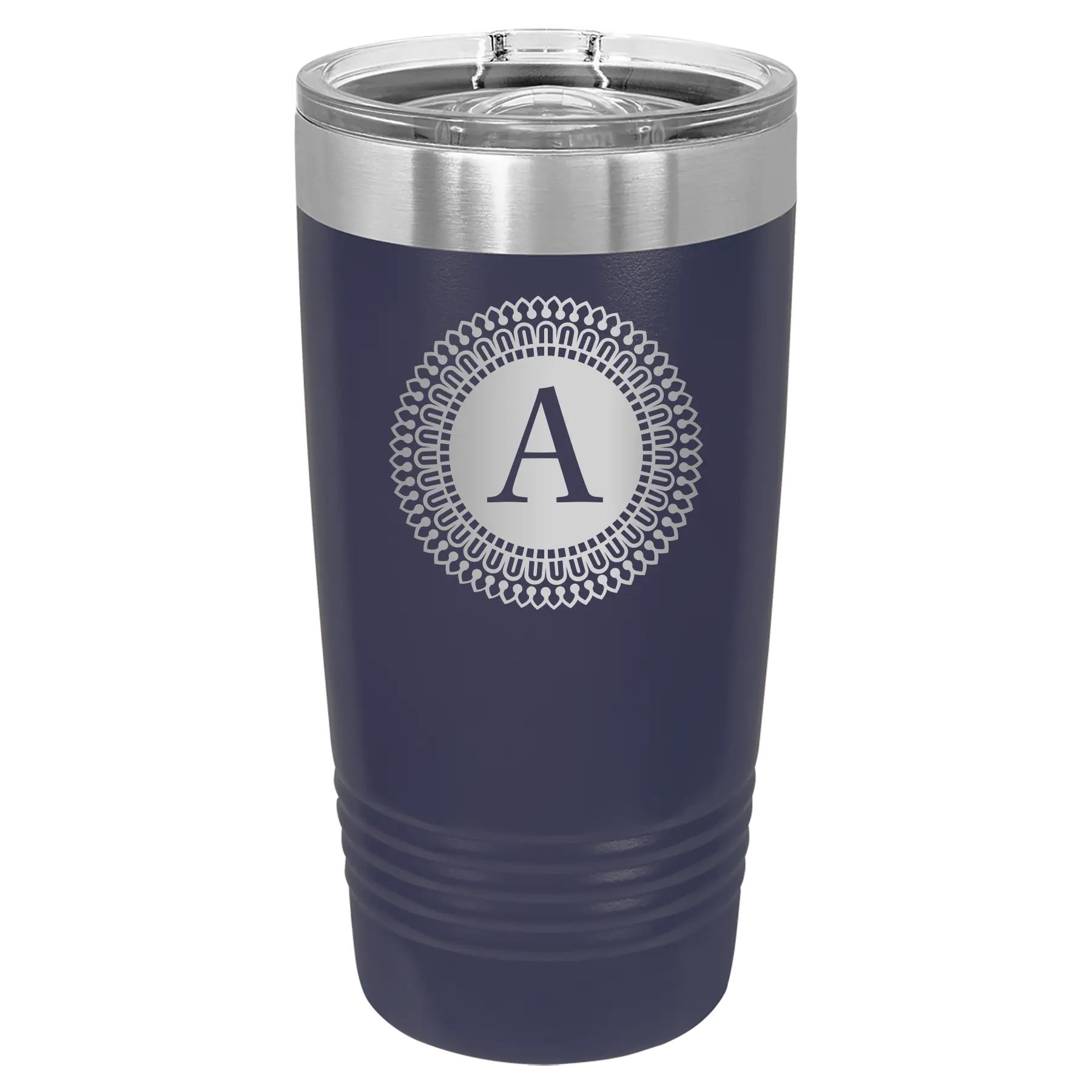 Personalized navy 20 oz vacuum insulated tumbler with 'Circle with initial' design