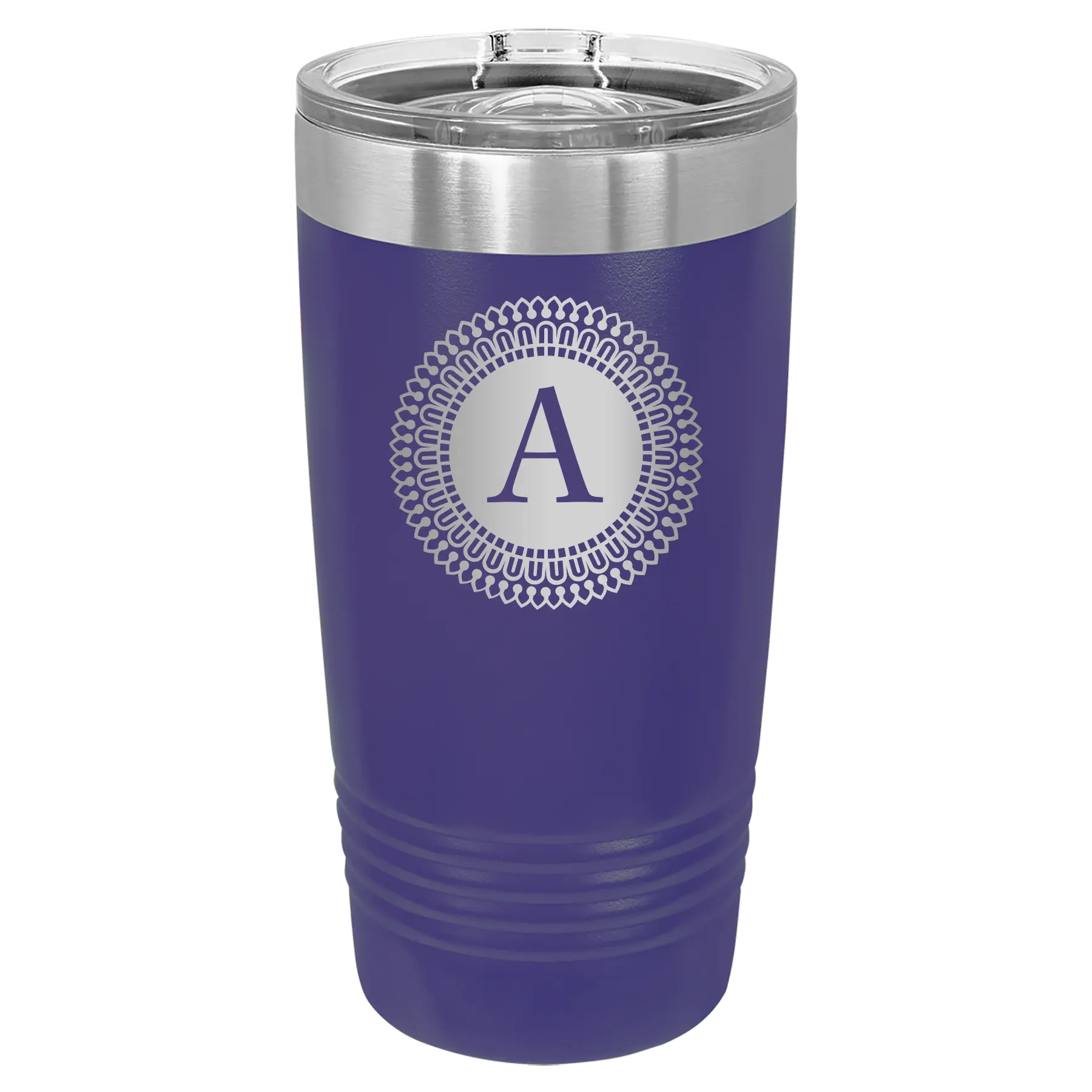 Personalized purple 20 oz vacuum insulated tumbler with 'Circle with initial' design
