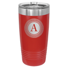 Personalized red 20 oz vacuum insulated tumbler with 'Circle with initial' design