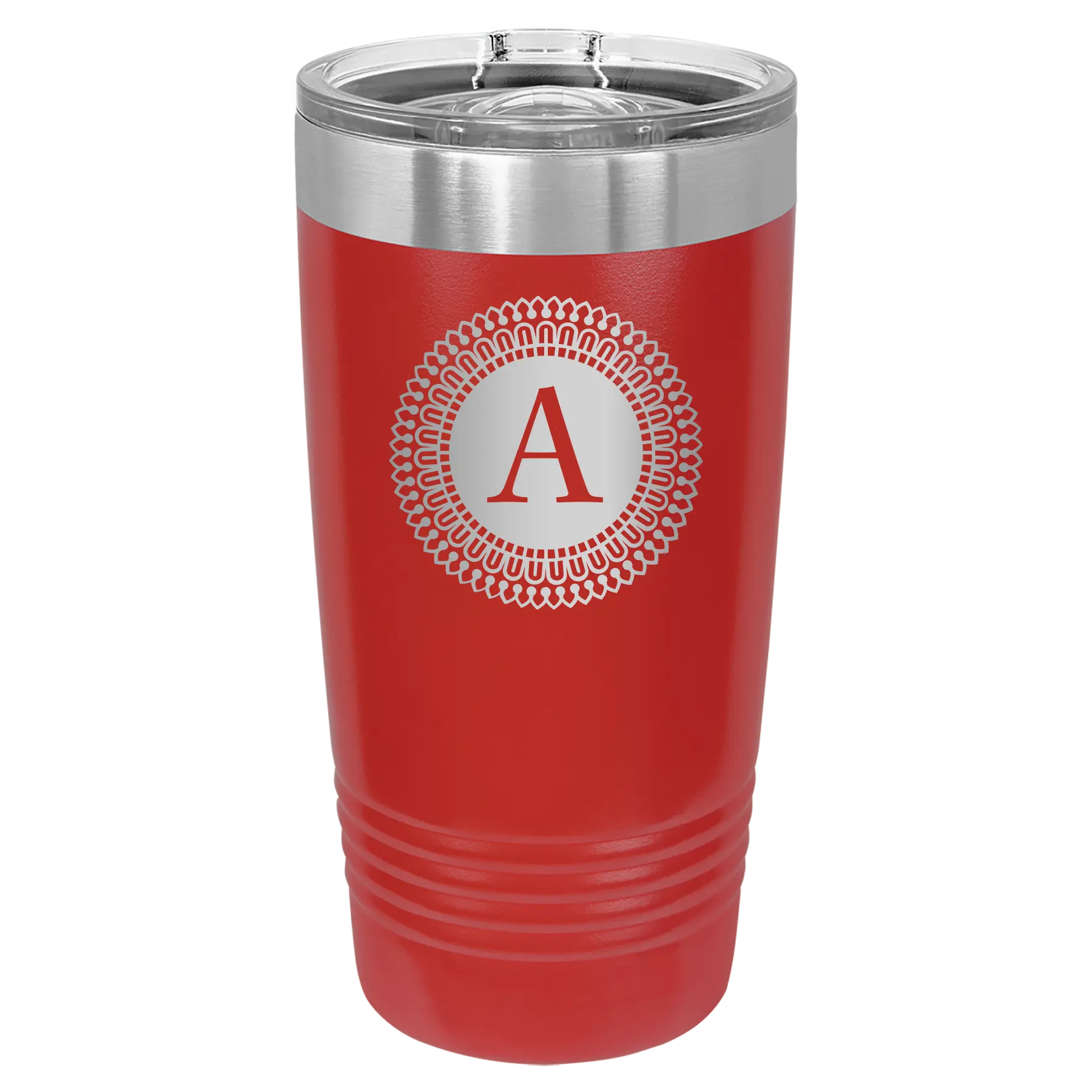 Personalized red 20 oz vacuum insulated tumbler with 'Circle with initial' design