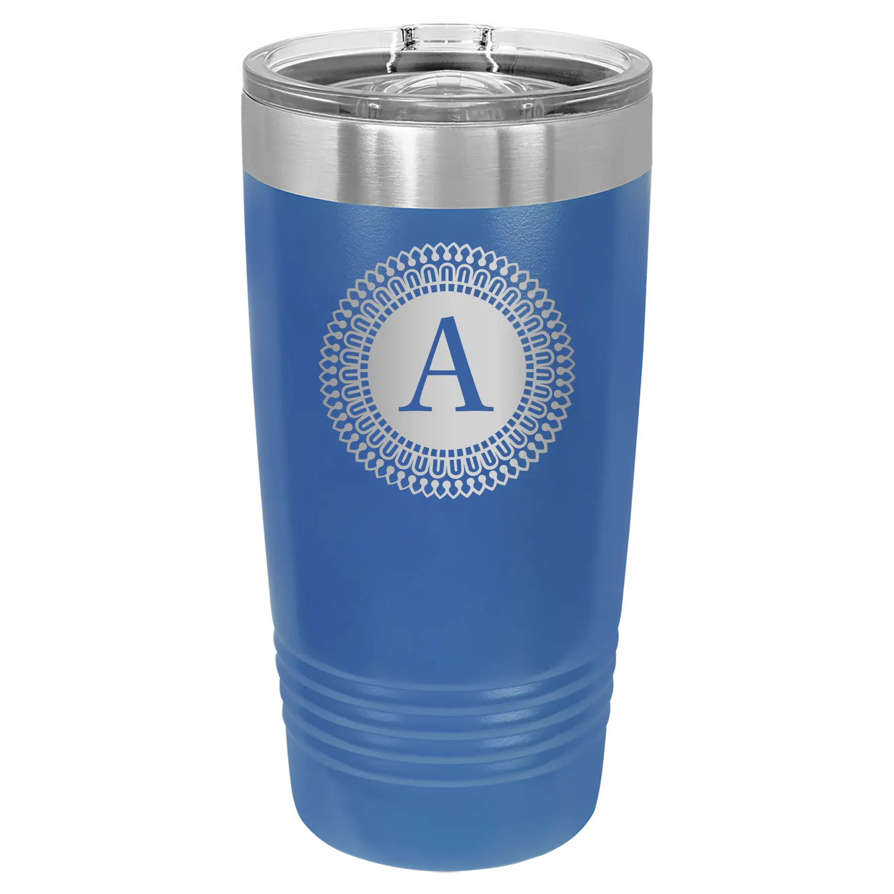 Personalized royal blue 20 oz vacuum insulated tumbler with 'Circle with initial' design