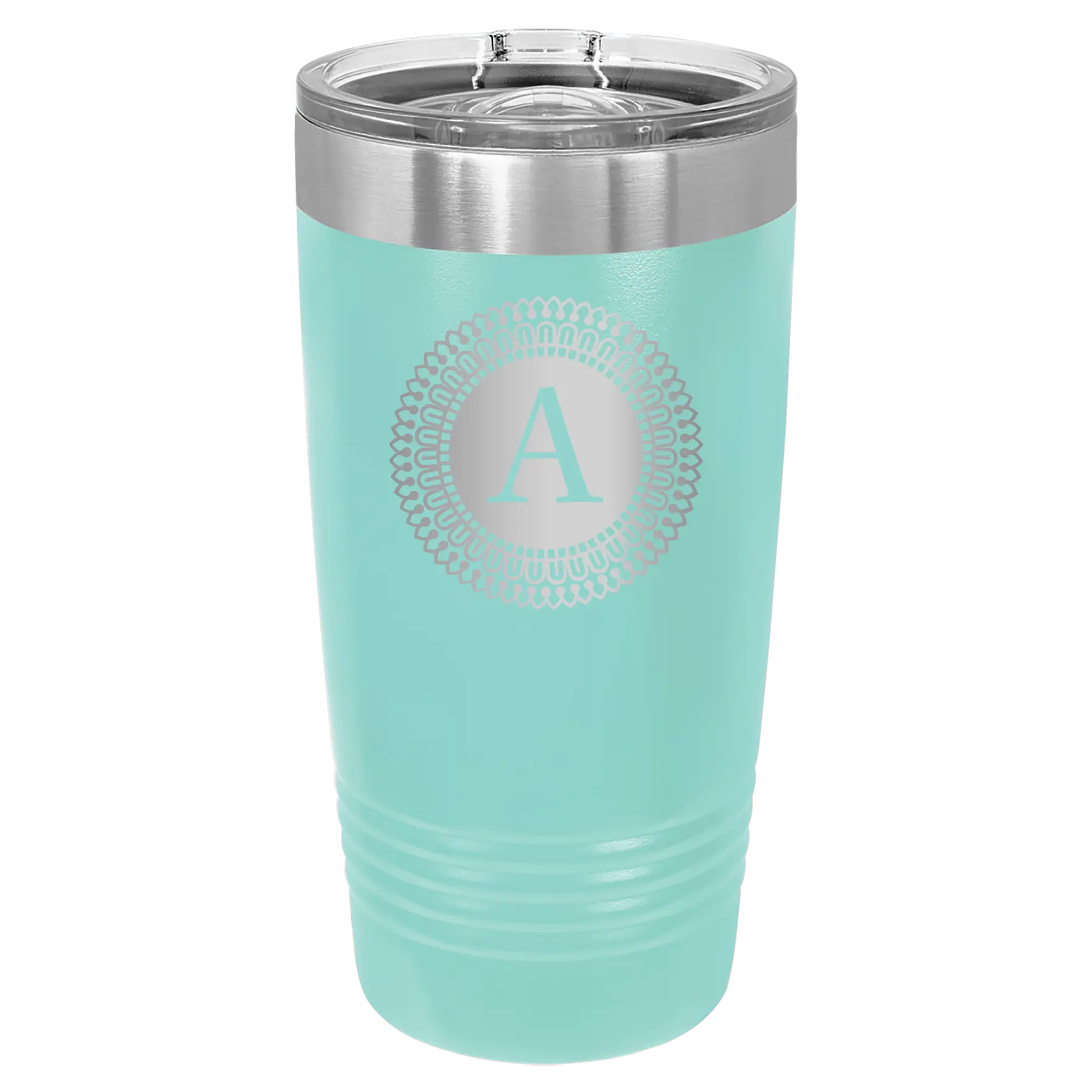Personalized teal 20 oz vacuum insulated tumbler with 'Circle with initial' design