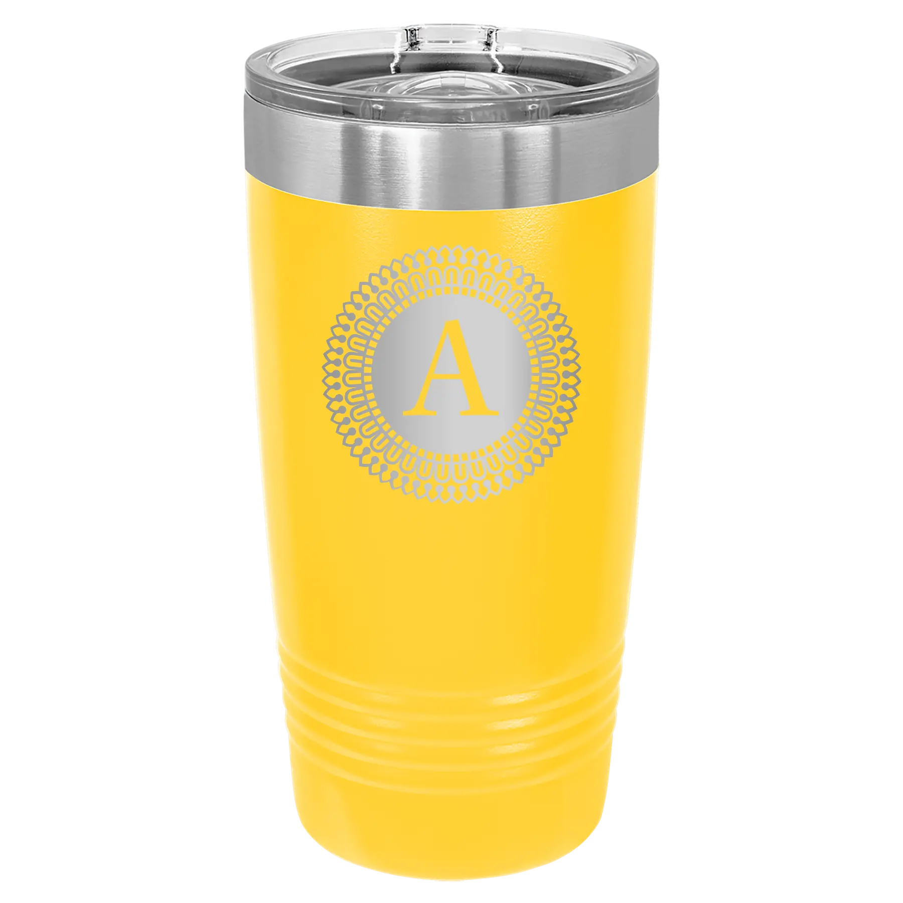Personalized yellow 20 oz vacuum insulated tumbler with 'Circle with initial' design