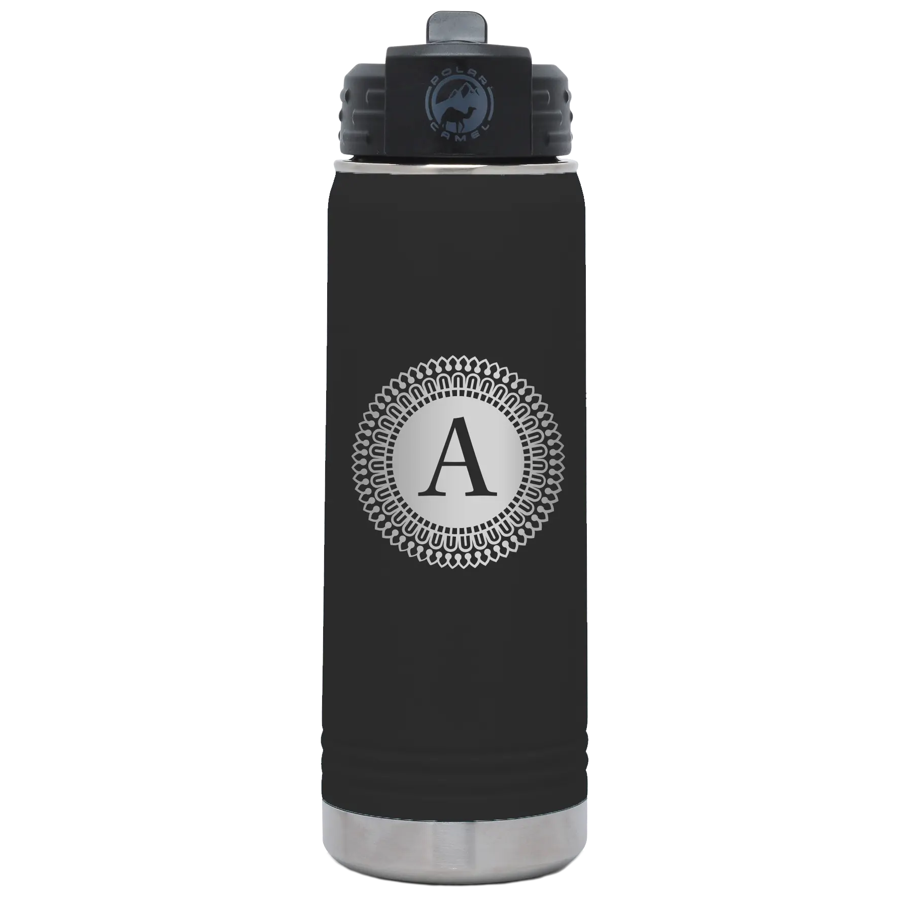 Personalized black 20 oz vacuum insulated water bottle with 'Circle with initial' design