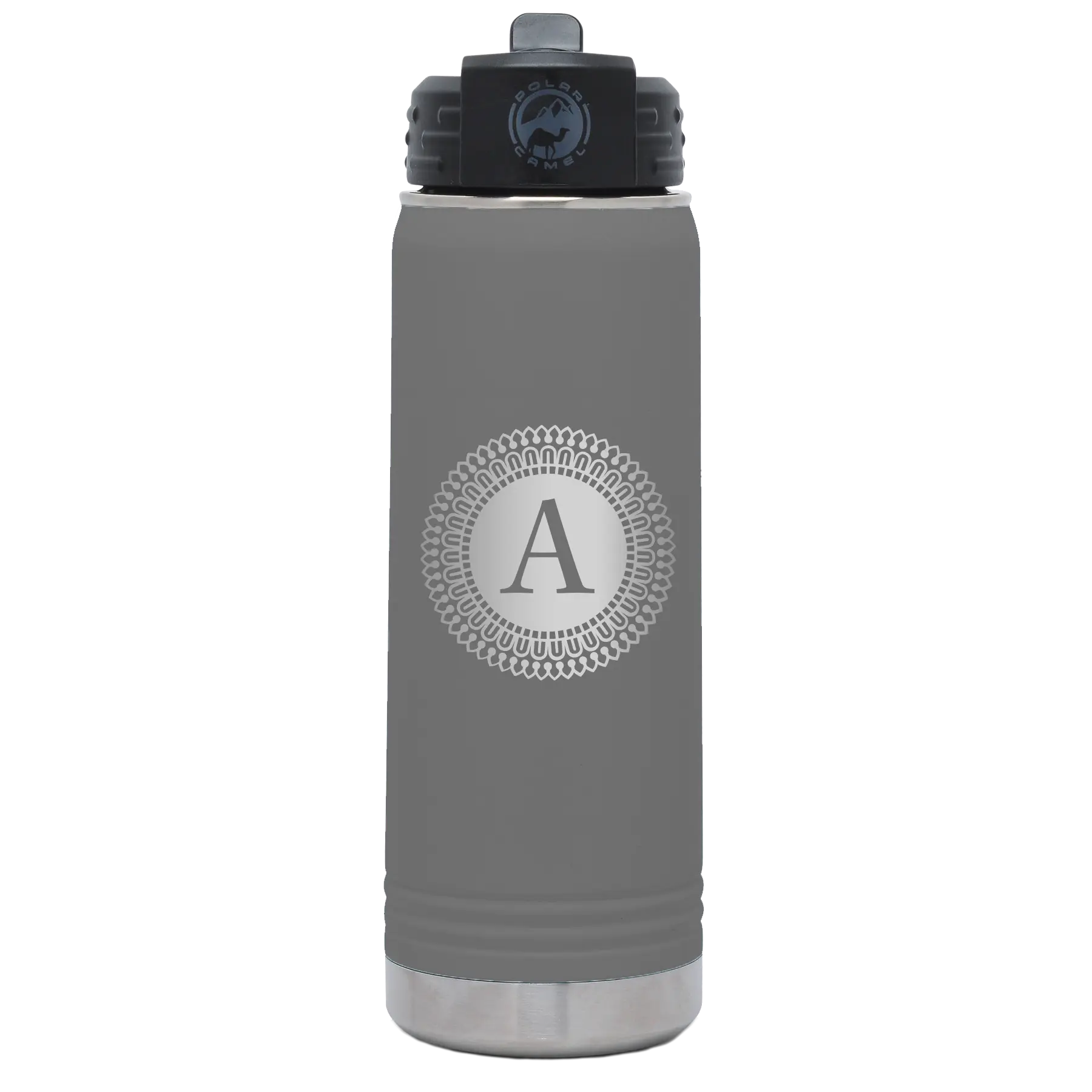 Personalized dark gray 20 oz vacuum insulated water bottle with 'Circle with initial' design