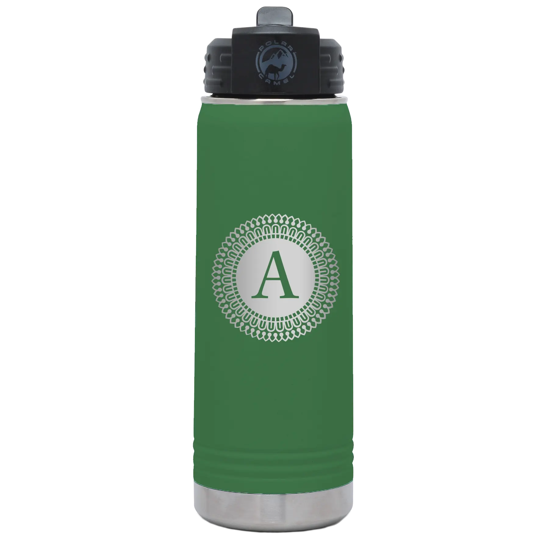 Personalized green 20 oz vacuum insulated water bottle with 'Circle with initial' design