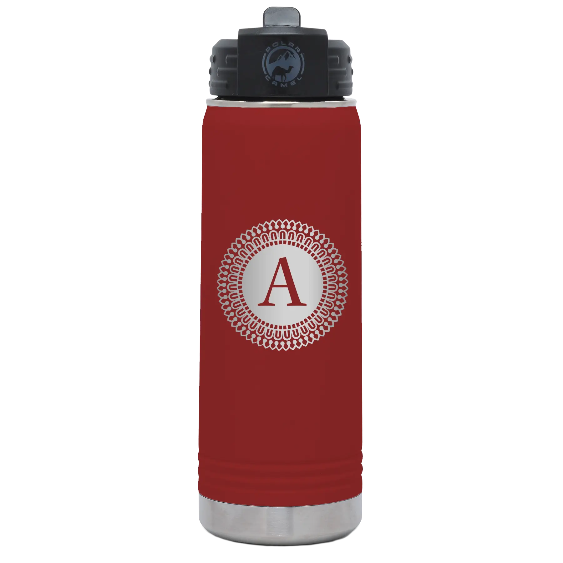 Personalized maroon 20 oz vacuum insulated water bottle with 'Circle with initial' design