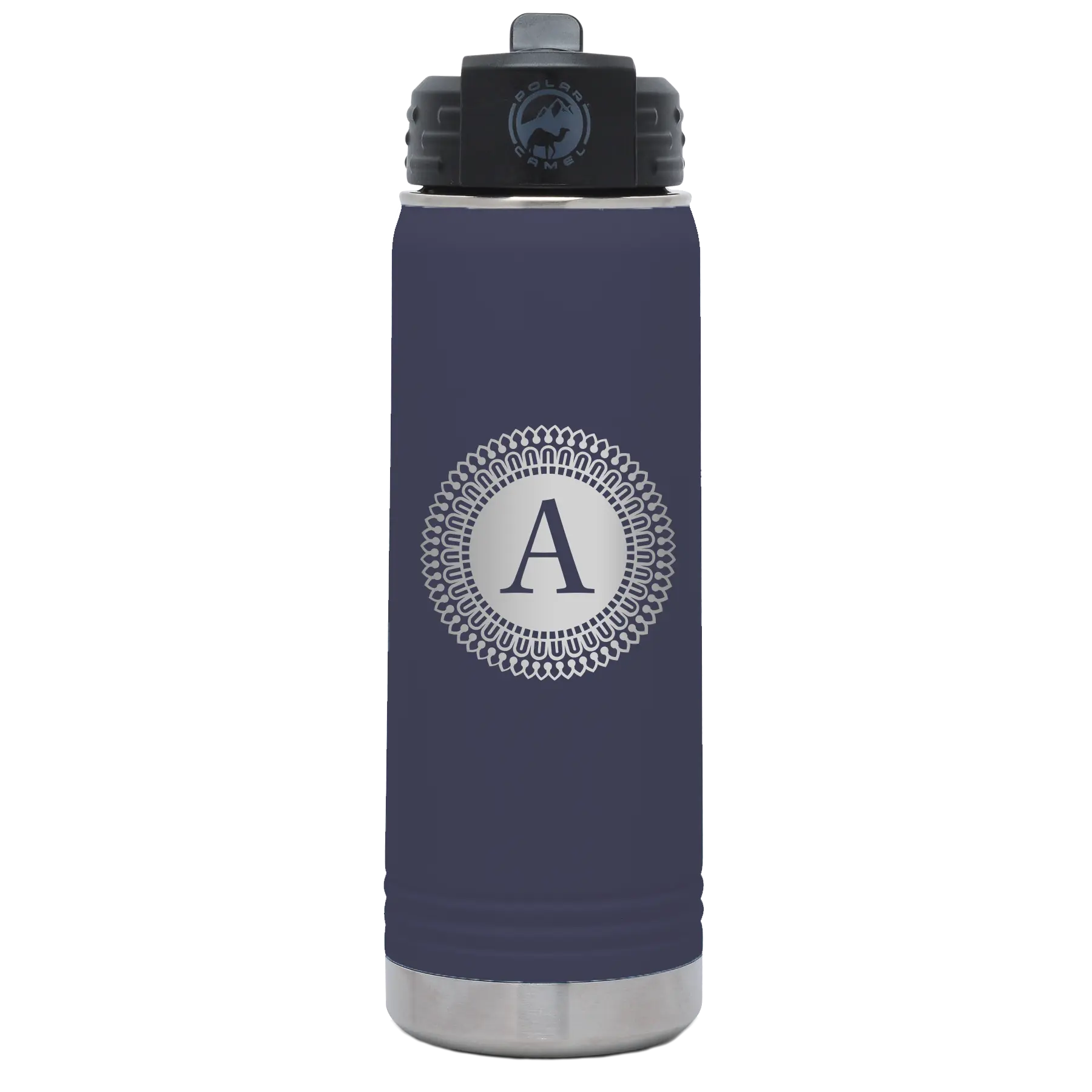 Personalized navy 20 oz vacuum insulated water bottle with 'Circle with initial' design