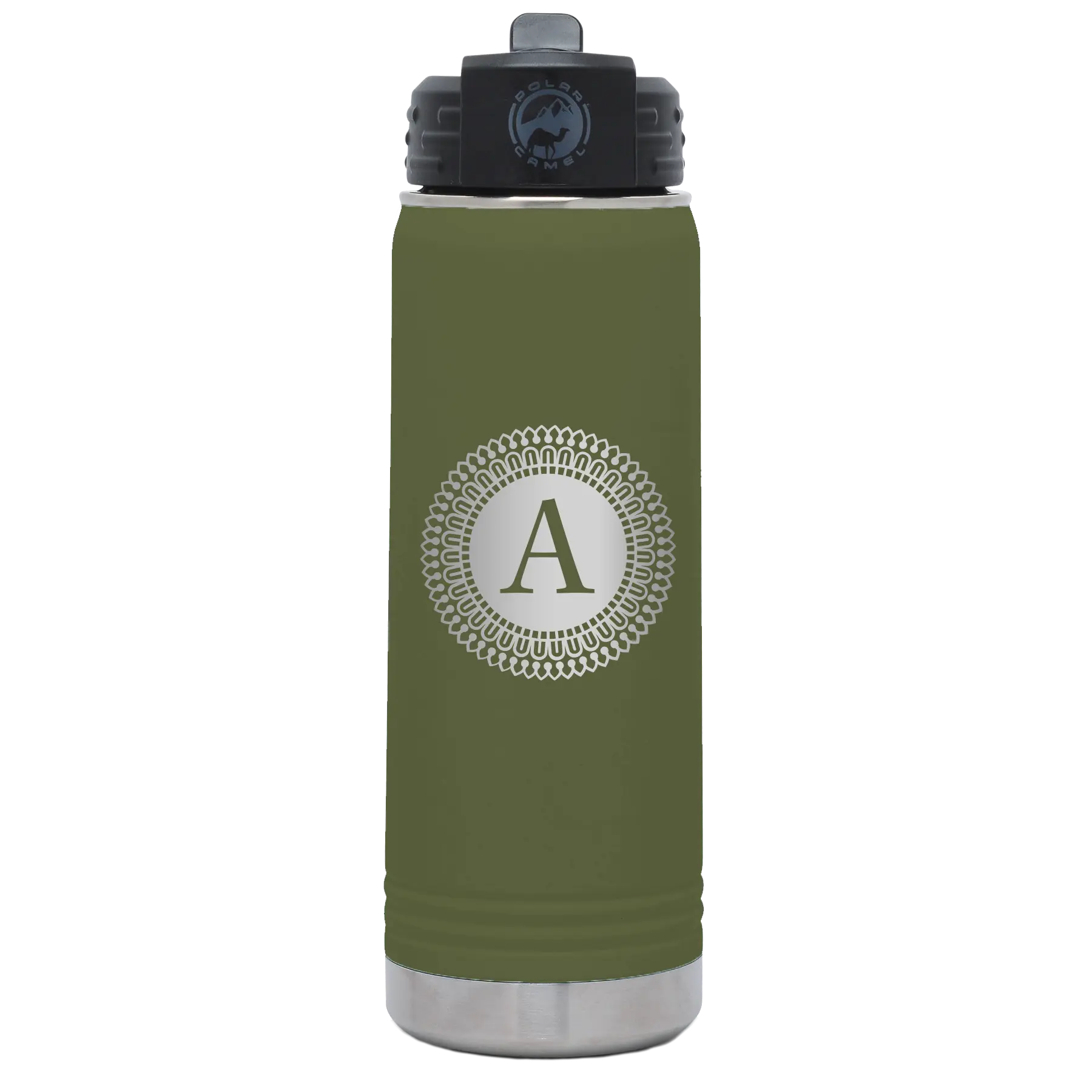 Personalized olive green 20 oz vacuum insulated water bottle with 'Circle with initial' design