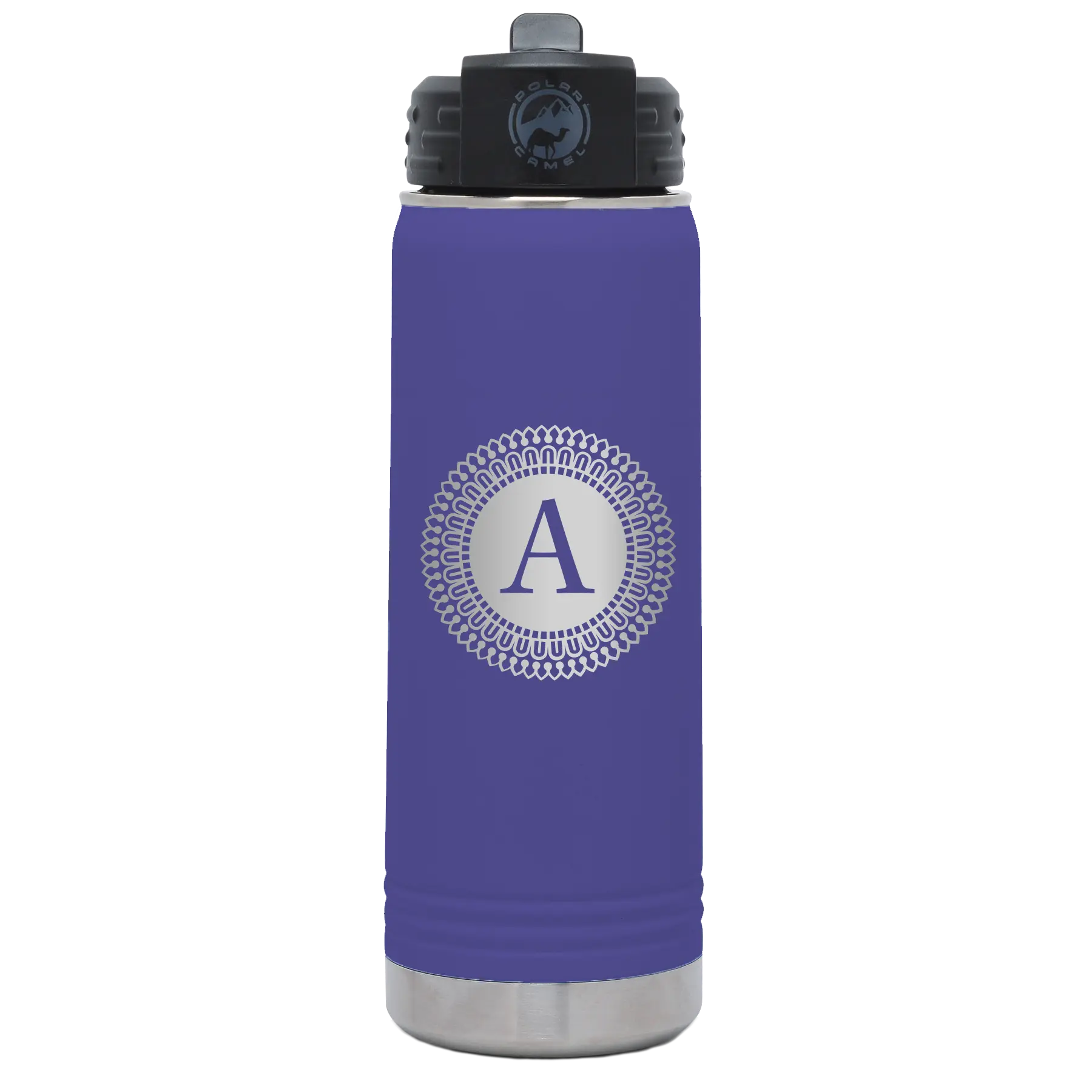 Personalized purple 20 oz vacuum insulated water bottle with 'Circle with initial' design