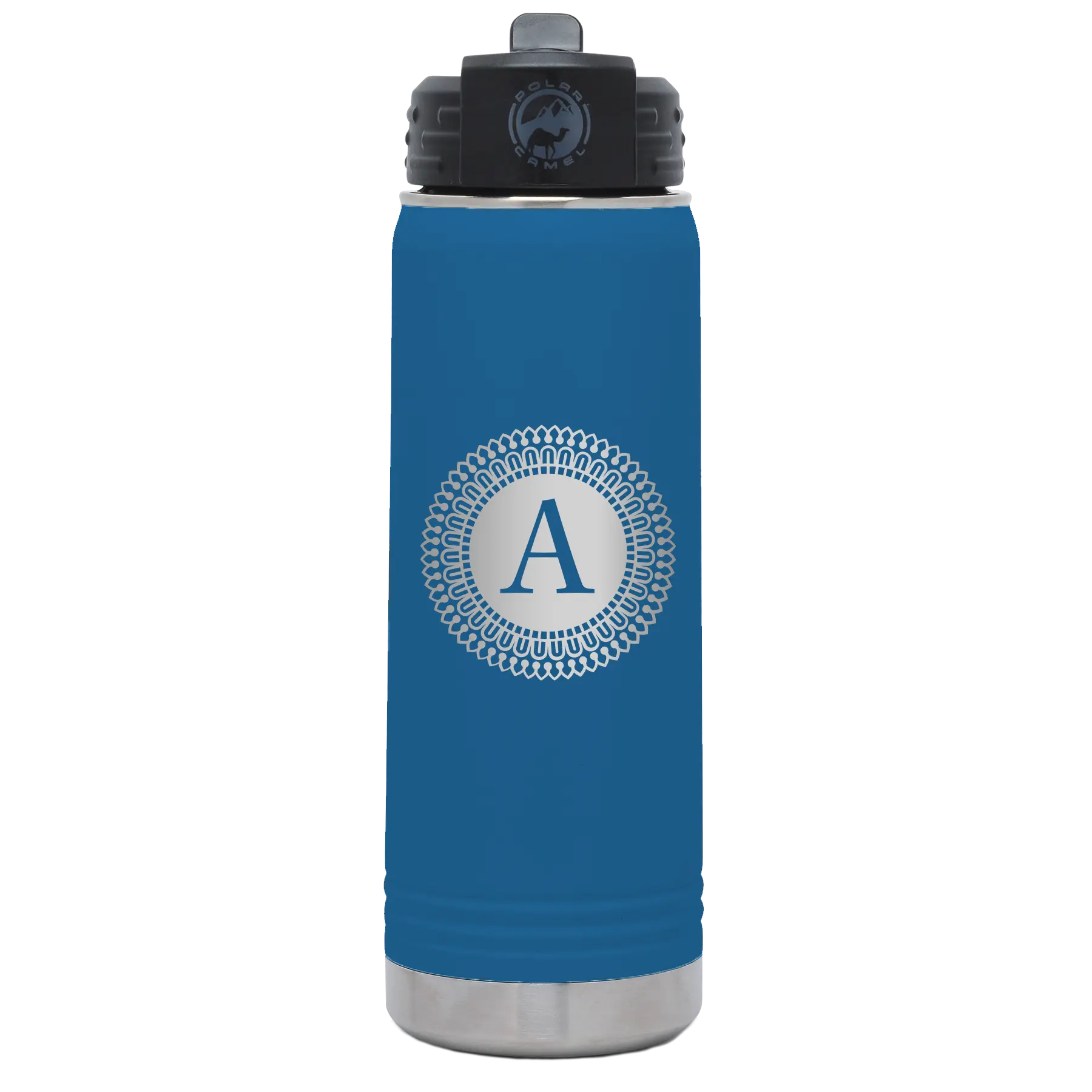 Personalized royal blue 20 oz vacuum insulated water bottle with 'Circle with initial' design