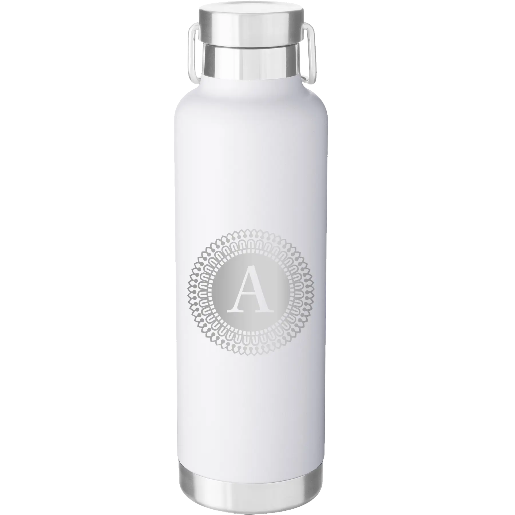 Personalized white 24 oz vacuum insulated water bottle with 'Circle with initial' design
