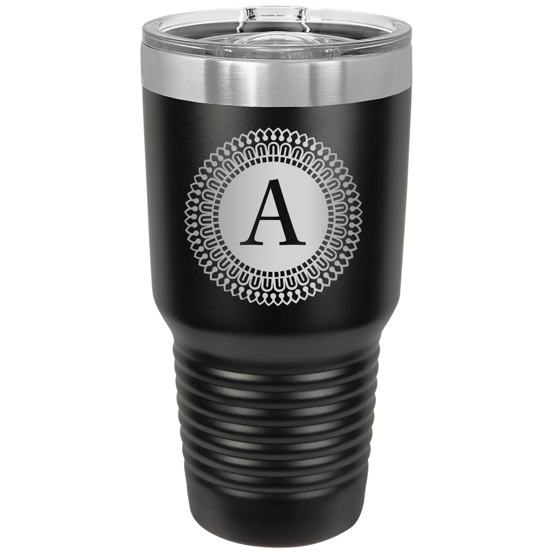 Personalized black 30 oz vacuum insulated tumbler with 'Circle with initial' design