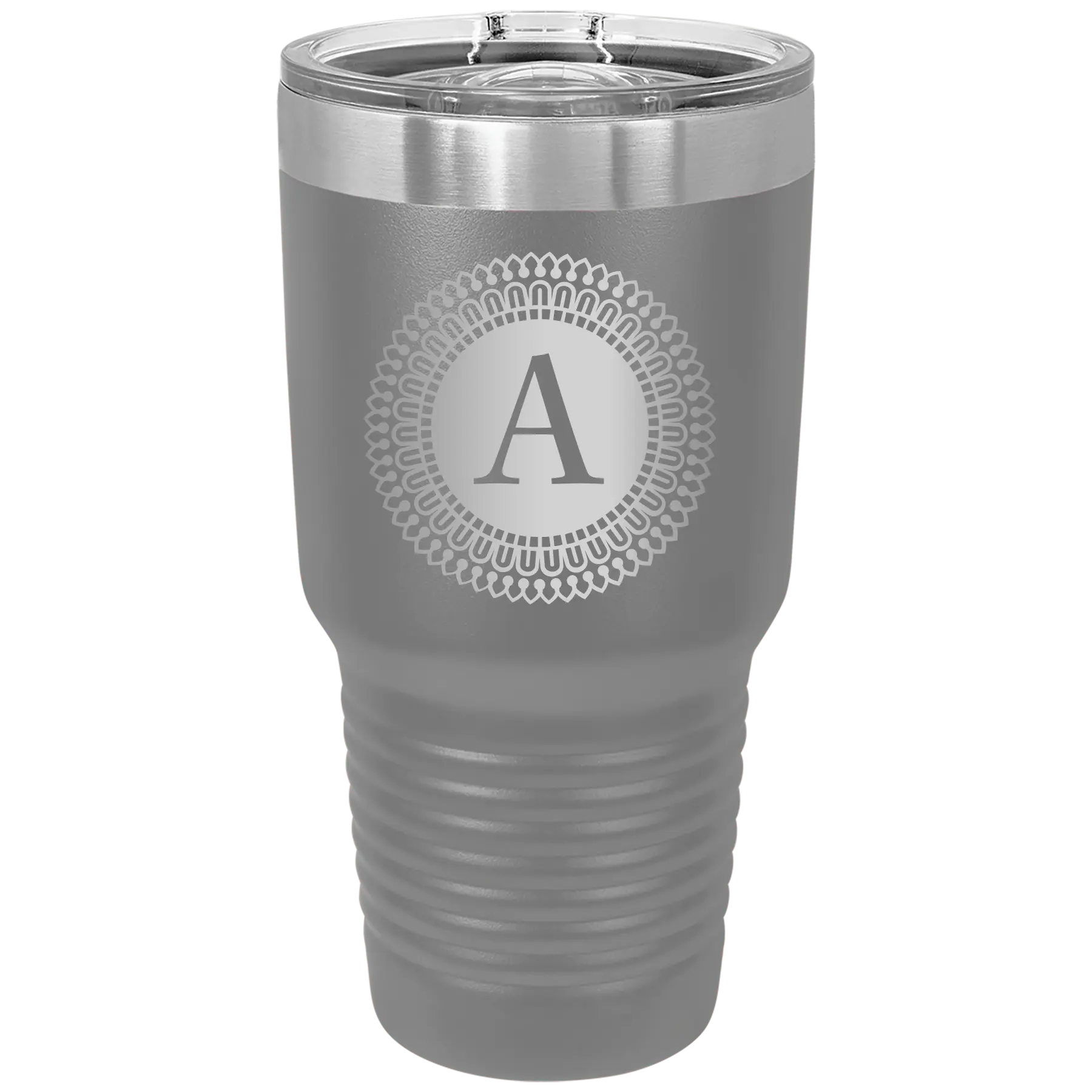 Personalized dark gray 30 oz vacuum insulated tumbler with 'Circle with initial' design
