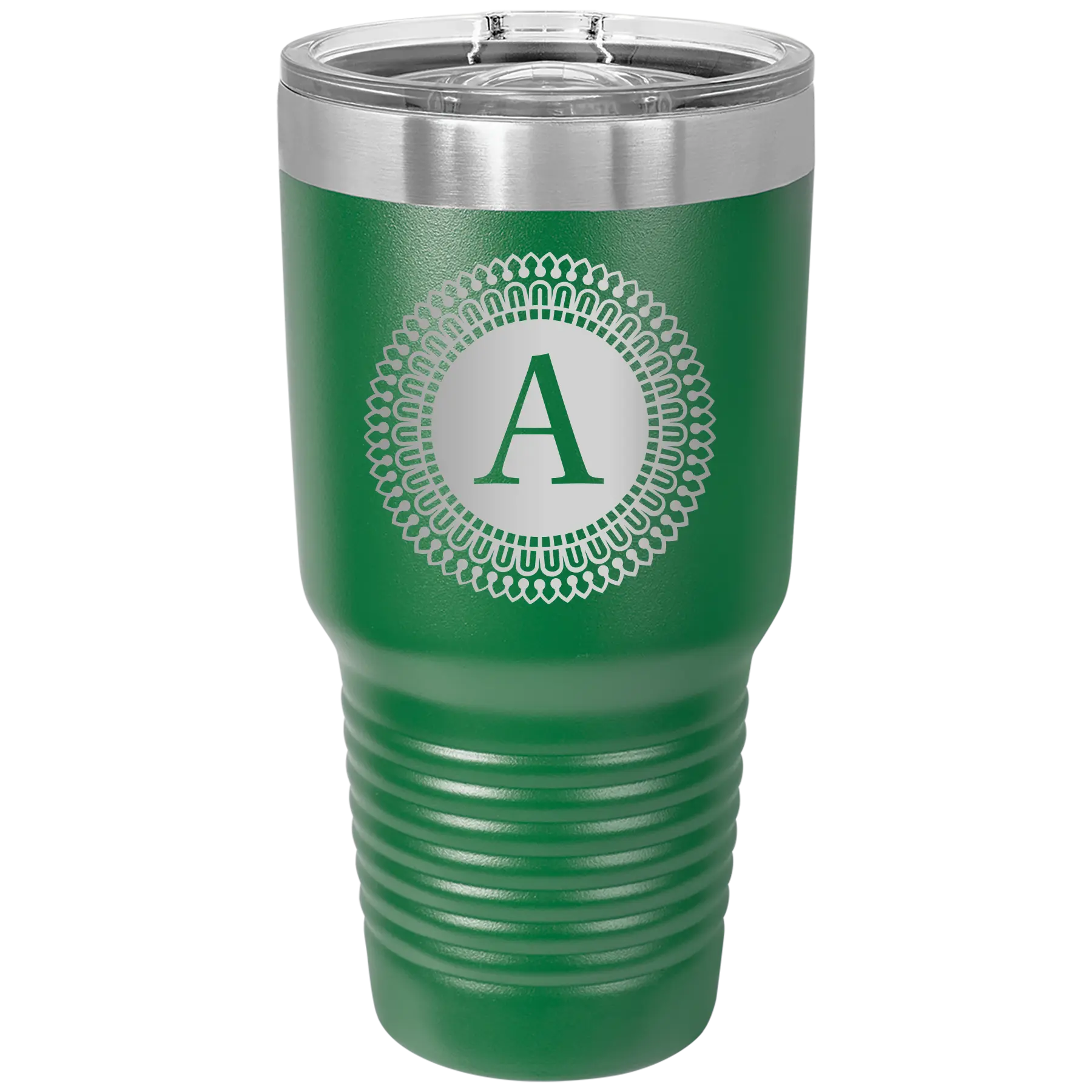 Personalized green 30 oz vacuum insulated tumbler with 'Circle with initial' design