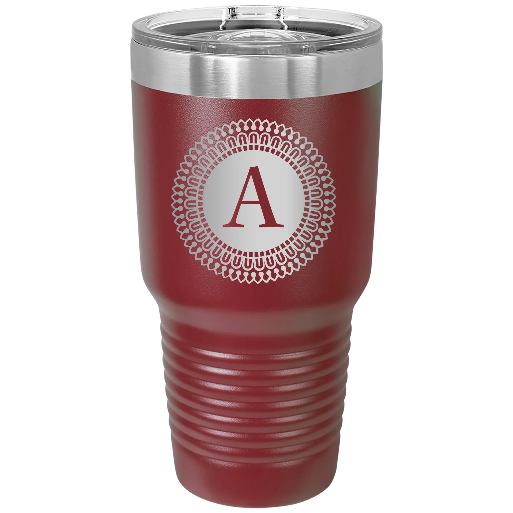 Personalized maroon 30 oz vacuum insulated tumbler with 'Circle with initial' design
