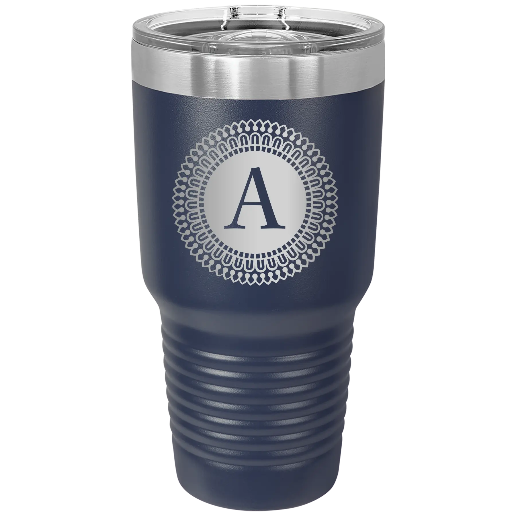 Personalized navy 30 oz vacuum insulated tumbler with 'Circle with initial' design