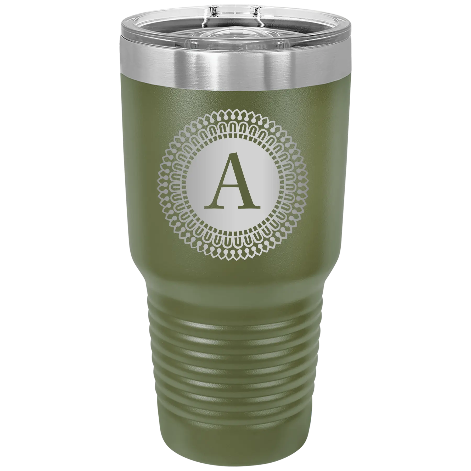 Personalized olive green 30 oz vacuum insulated tumbler with 'Circle with initial' design