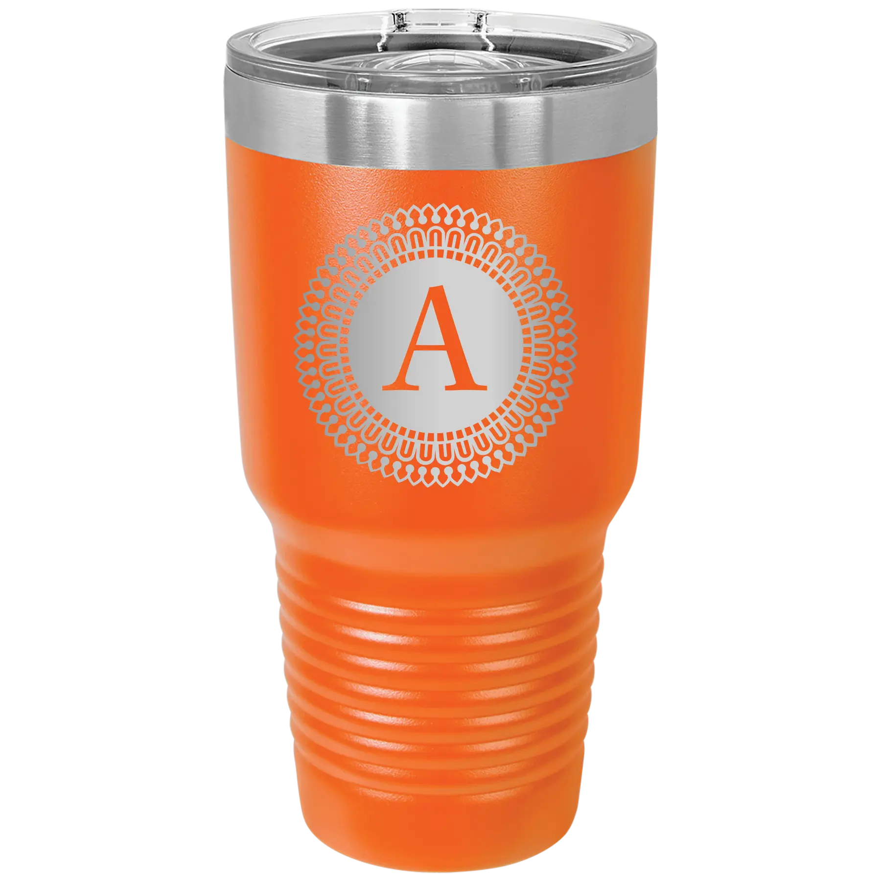 Personalized orange 30 oz vacuum insulated tumbler with 'Circle with initial' design