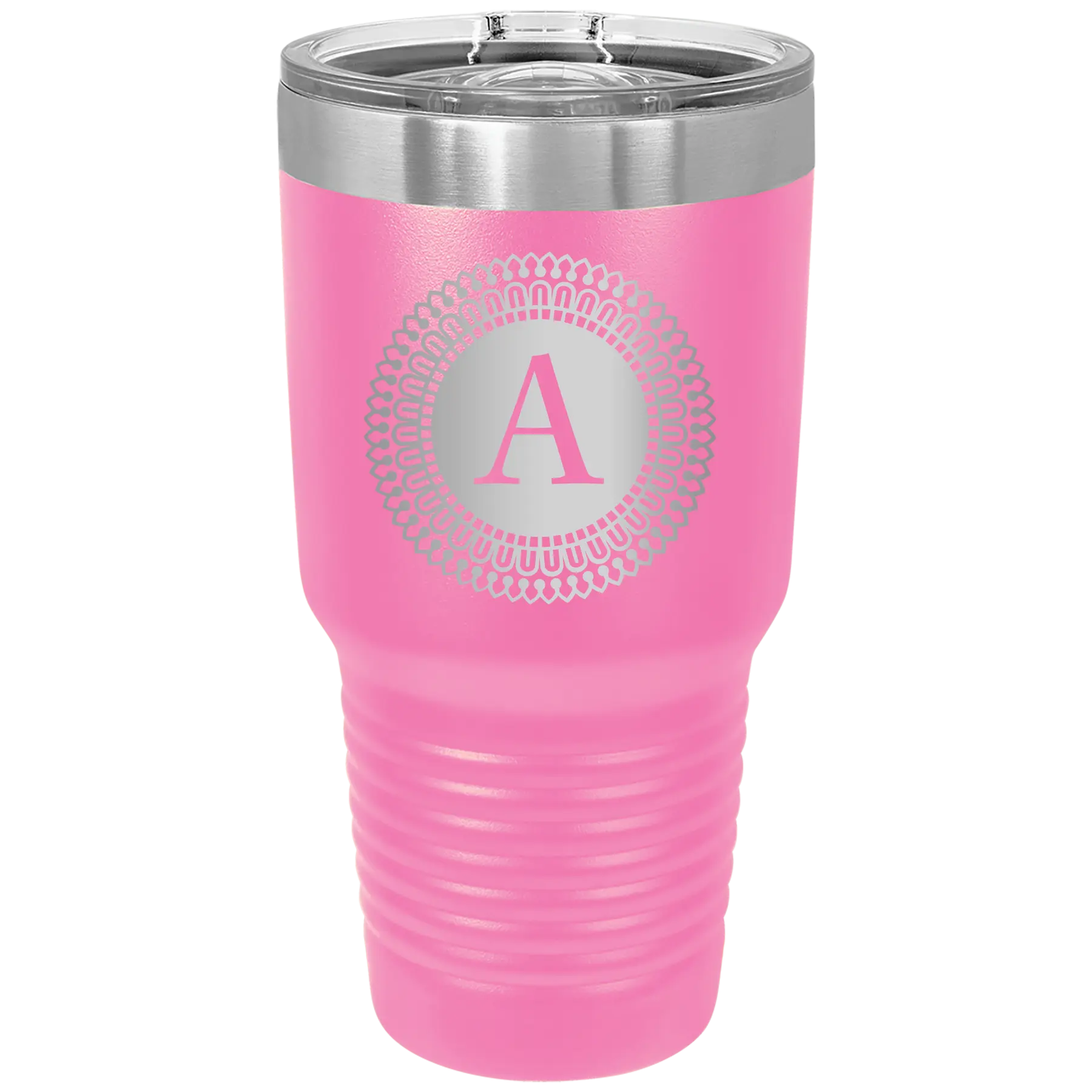 Personalized pink 30 oz vacuum insulated tumbler with 'Circle with initial' design