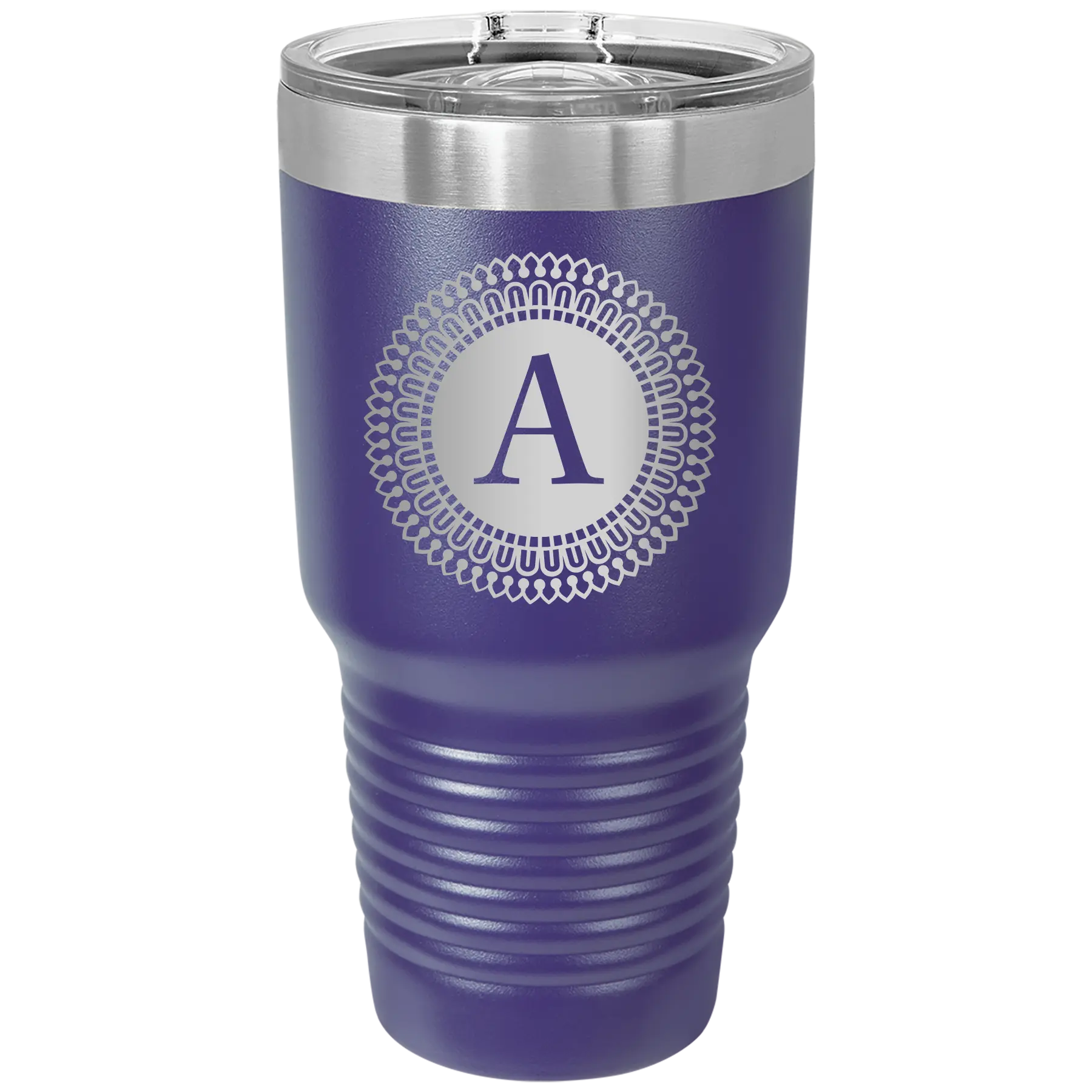 Personalized purple 30 oz vacuum insulated tumbler with 'Circle with initial' design