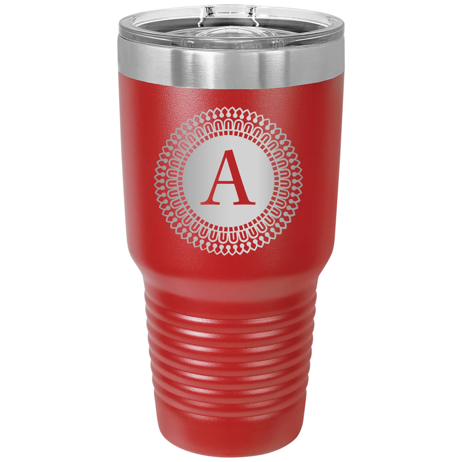 Personalized red 30 oz vacuum insulated tumbler with 'Circle with initial' design