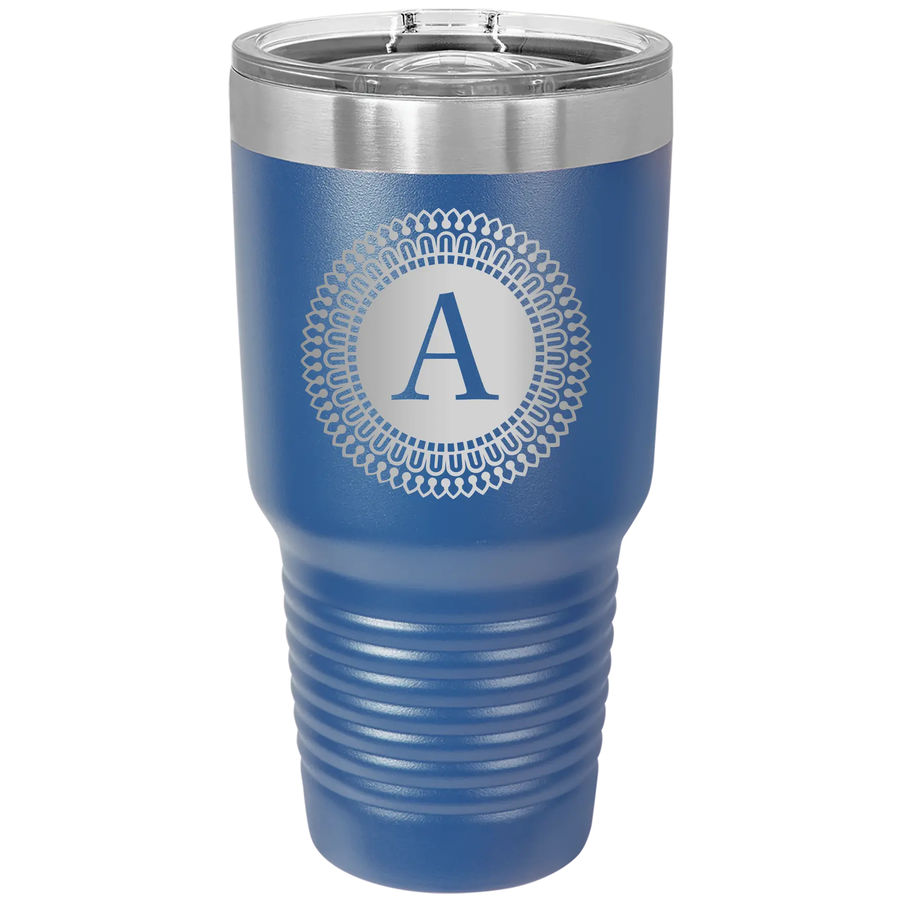 Personalized royal blue 30 oz vacuum insulated tumbler with 'Circle with initial' design