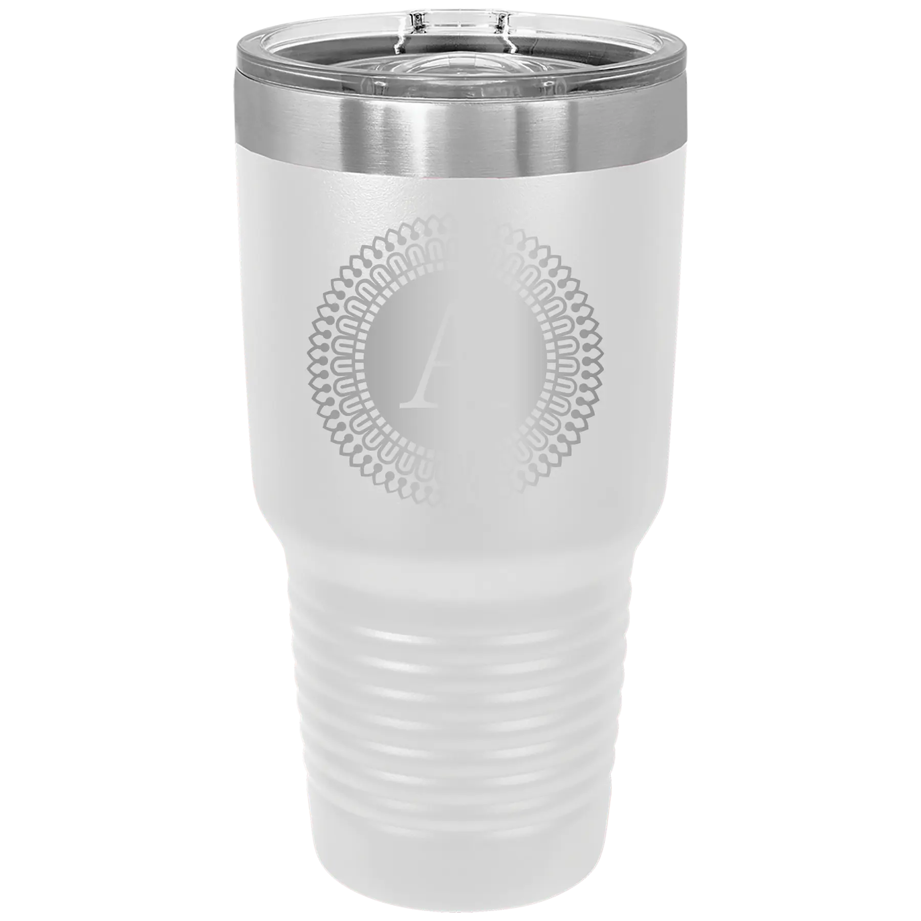 Personalized white 30 oz vacuum insulated tumbler with 'Circle with initial' design
