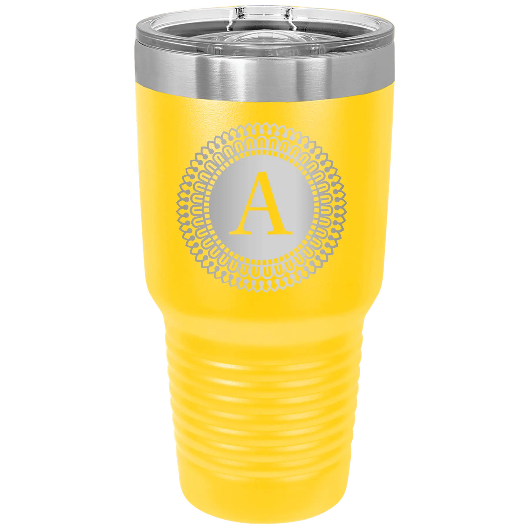 Personalized yellow 30 oz vacuum insulated tumbler with 'Circle with initial' design